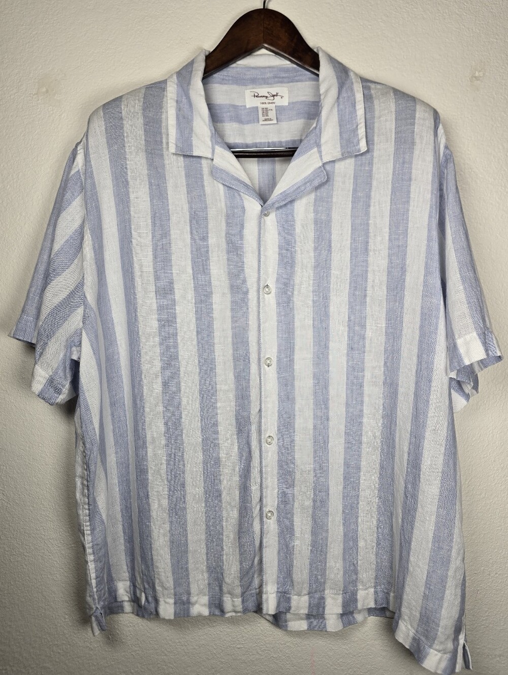 Panama Jack Men's XXL 100% Linen Striped Short Sleeve Shirt Blue White